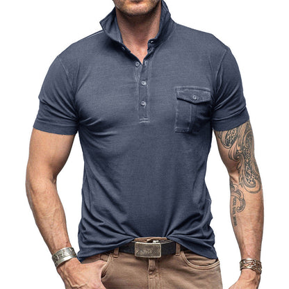 Men's Pique Shirt – Slim Fit – Short Sleeve – Breathable Cotton – Stand Collar – Chest Pocket