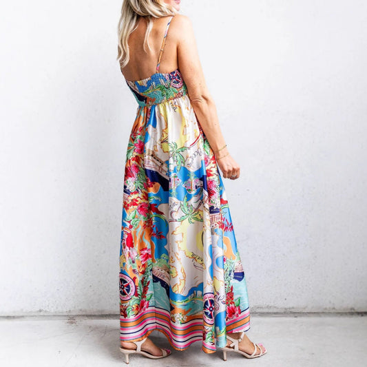 Dress for Women – Maxi Dress – Loose Fit – High Waist – Thin Straps – Patterned Design