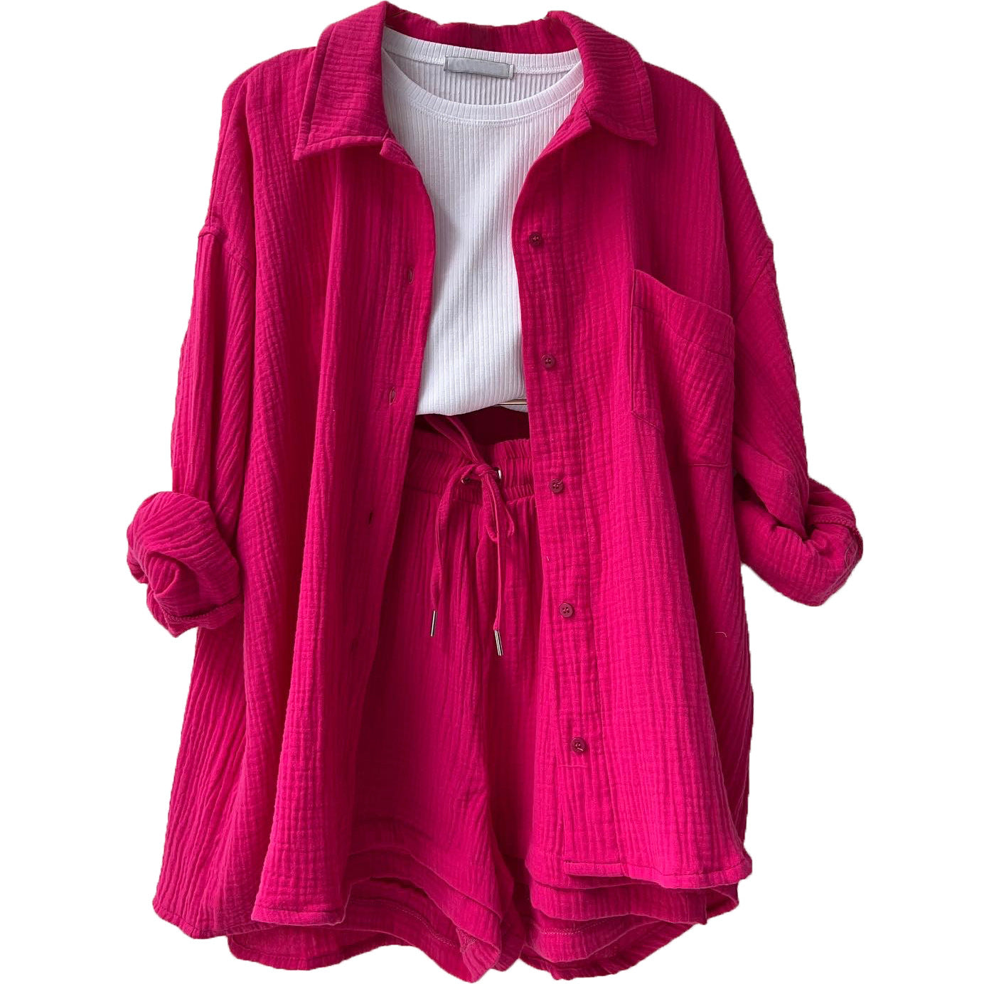 Women's Two-Piece Set – Relaxed Collared Shirt – High-Waisted Drawstring Shorts