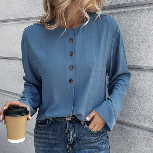Women's Long Sleeve Shirt – Loose Fit – Cotton – Collarless – Casual Style