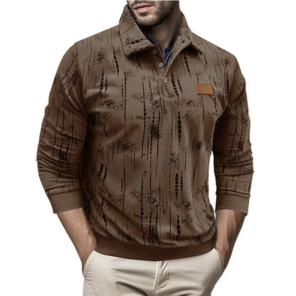 Men's Sweater – Relaxed Fit – Ribbed Knit – Button Collar – Patterned