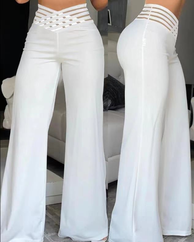 Women's Pants – High Waist – Wide Legs – Decorative Waistband – Full Length – Stretch Comfort