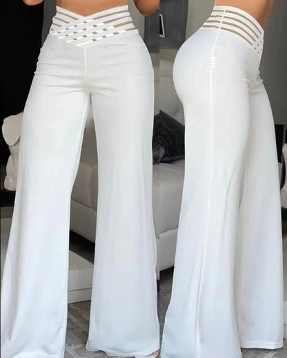 Women's Pants – High Waist – Wide Legs – Decorative Waistband – Full Length – Stretch Comfort