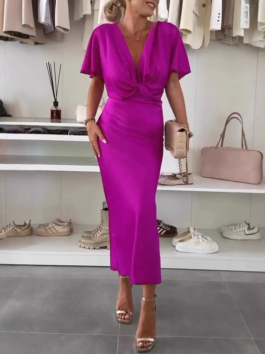 Dress for Women – Elegant Fit – Deep V-Neck – Draped Bust – Silky Soft Fabric