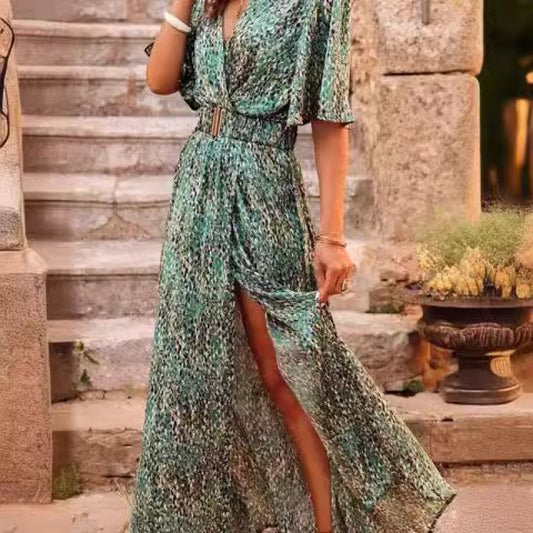 Maxi Dress for Women - Deep V-Neck - Printed Pattern - Short Sleeves - Flowing Hem