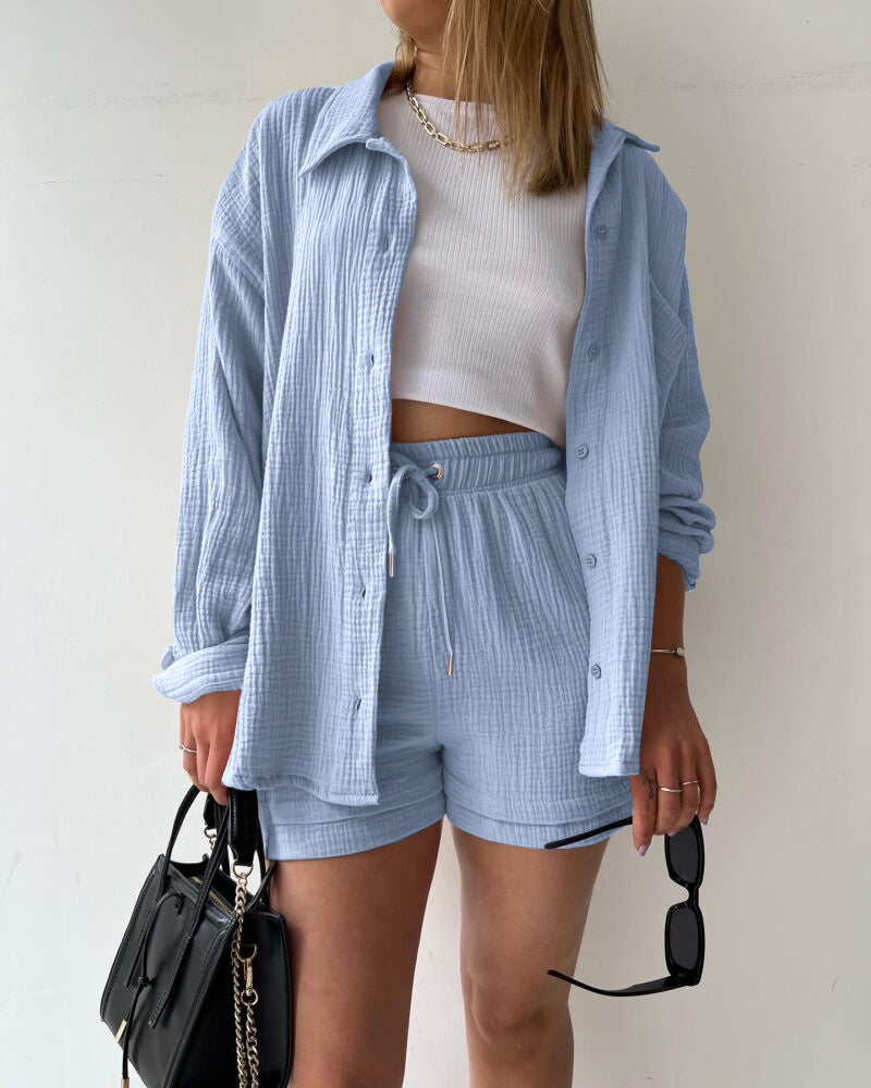 Women's Two-Piece Set – Relaxed Collared Shirt – High-Waisted Drawstring Shorts