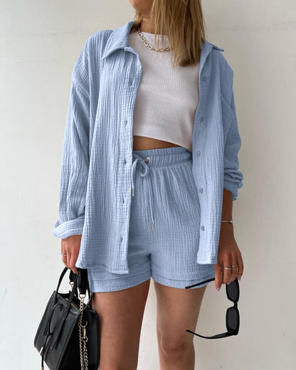 Women's Two-Piece Set – Relaxed Collared Shirt – High-Waisted Drawstring Shorts