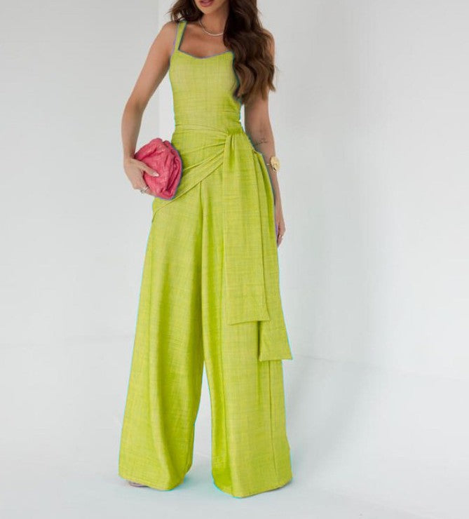 Women's Jumpsuit – Wide Leg – Sleeveless – Adjustable Waist – Linen Blend – Full Length
