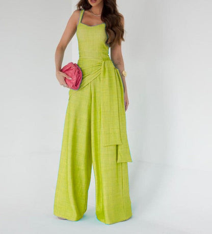 Women's Jumpsuit – Wide Leg – Sleeveless – Adjustable Waist – Linen Blend – Full Length