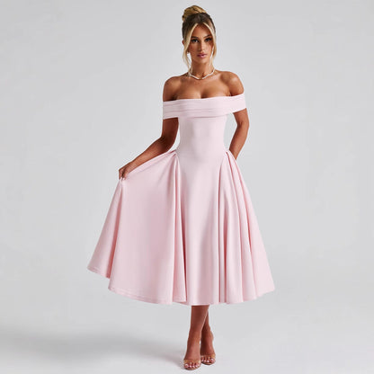 Dress woman – Off shoulder – A-line fit – Elegant formal midi length