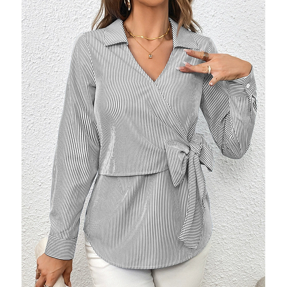 Women's Shirt – Slim Fit Wrap Style – Vertical Stripes – Waist Tie – Long Sleeve