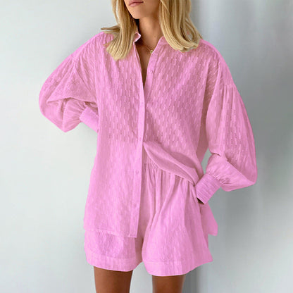 Women's set with blouse and shorts – Jacquard fabric – Relaxed fit – Puff sleeves
