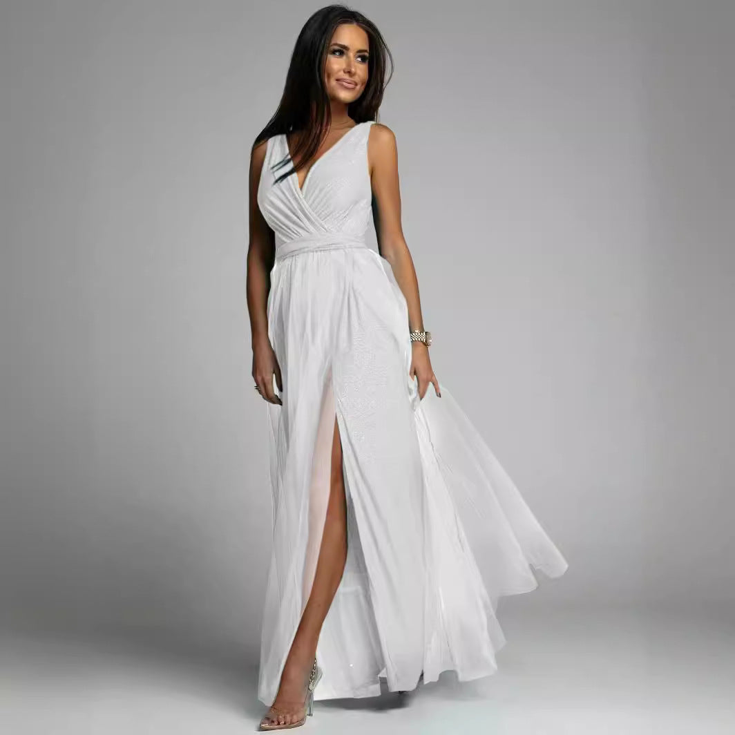 Dress for Women – Evening Dress – Slim Fit – Deep V-Neck – High Slit – Glittering Fabric
