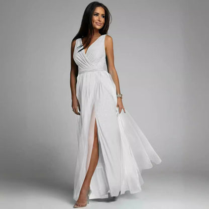 Dress for Women – Evening Dress – Slim Fit – Deep V-Neck – High Slit – Glittering Fabric