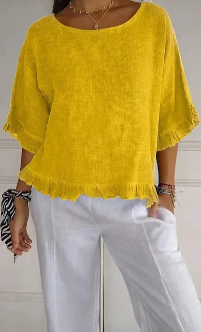 Women's Blouse – Linen and Cotton – Relaxed Fit – Ruffle Edge – Round Neck