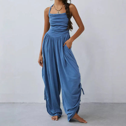 Dame jumpsuit – Halterneck – Rynket overdel – Vide ben – Justerbare benbånd