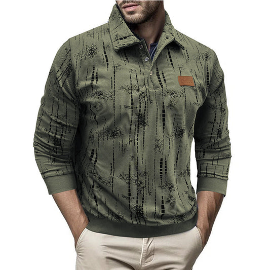 Men's Sweater – Relaxed Fit – Ribbed Knit – Button Collar – Patterned