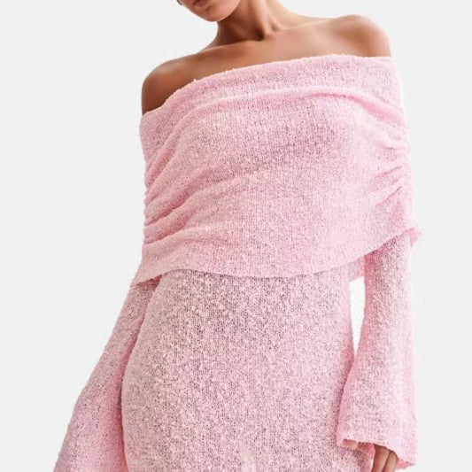 Kjole for dame – Strikket strandkjole – Slim fit – Off shoulder – Lange ermer – Semi-gjennomsiktig