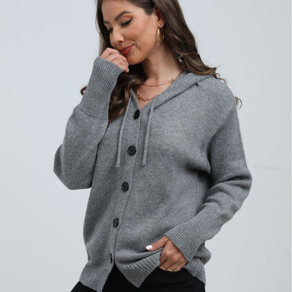 Women's Cardigan with Hood – Knitted Fabric – Relaxed Fit – Button Closure