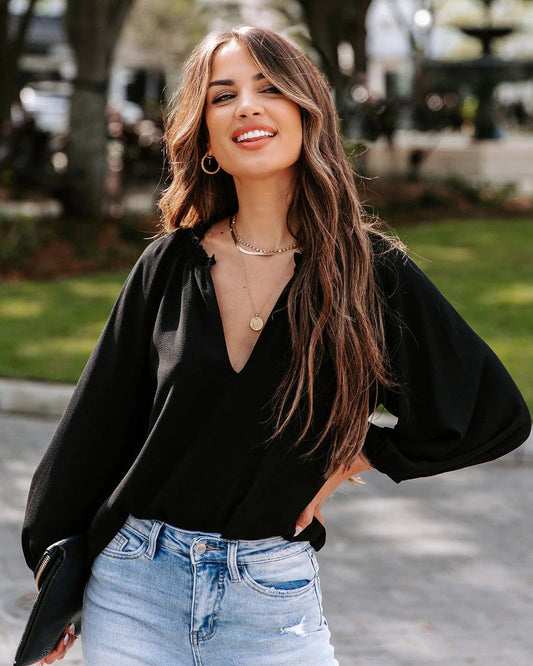 Women's Blouse – Relaxed Fit – V-Neck – Wide Sleeves – Light Draped Fabric