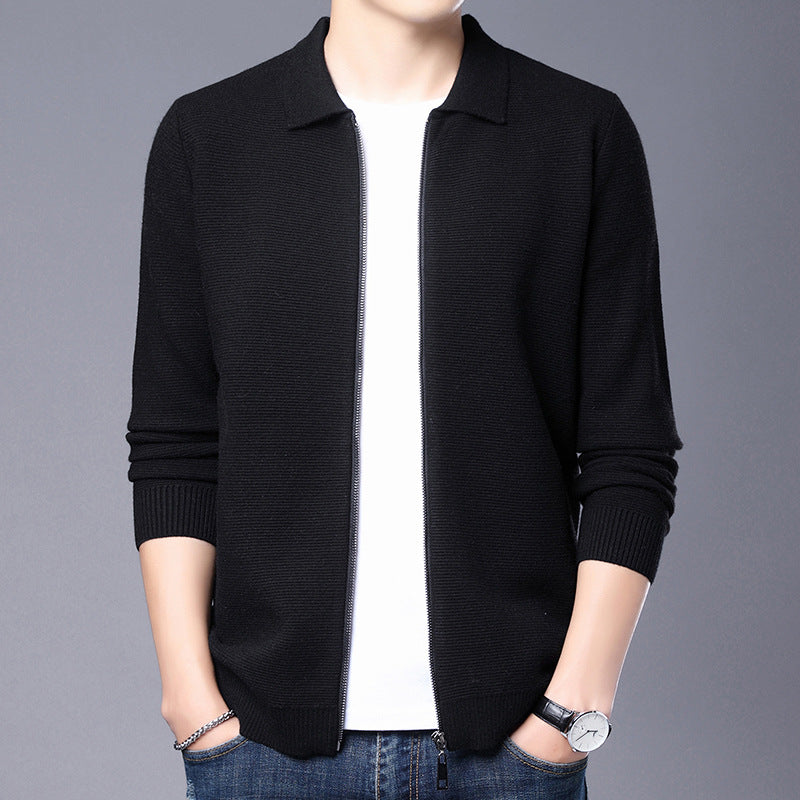 Men's Cardigan – Wool – Slim Fit – Zipper – Classic Collar – Ribbed Hem