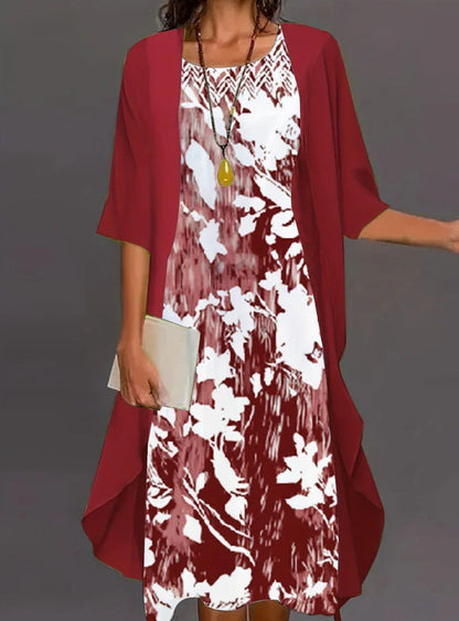 Dress for Women – Chiffon Set – Relaxed Fit – Two-Piece Design – Midi Length – Floral Layer