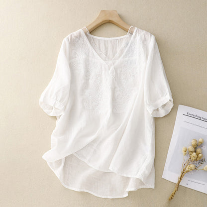 Women's Shirt with Short Sleeves – Loose Fit – Embroidered – Breathable Fabric – V-neck
