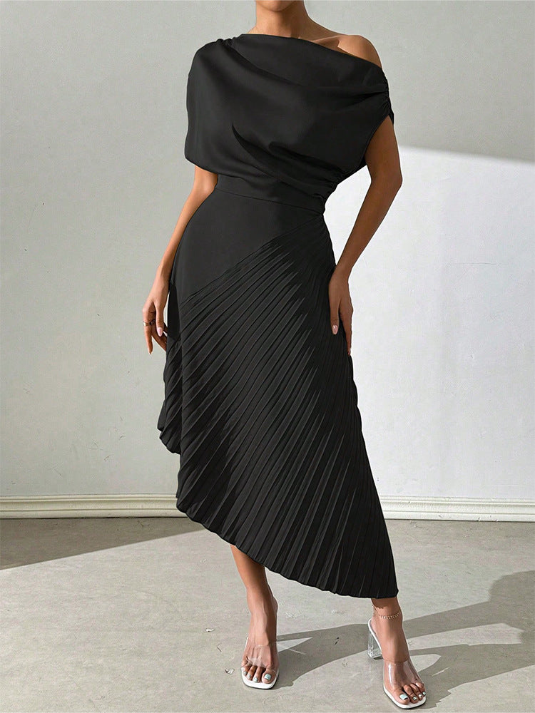 Dress for Women – Asymmetric Midi Length – One Shoulder – Pleated and Form-Fitting Design