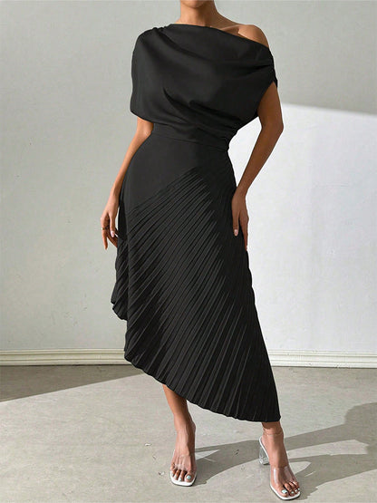 Dress for Women – Asymmetric Midi Length – One Shoulder – Pleated and Form-Fitting Design