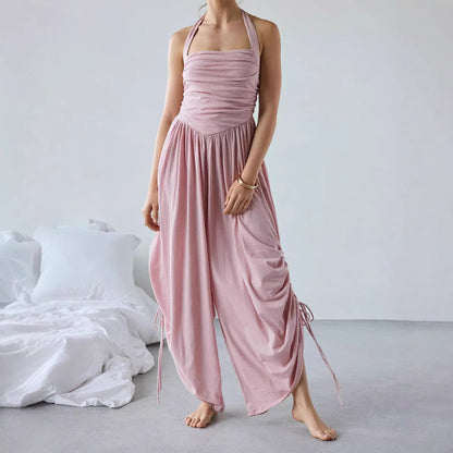 Dame jumpsuit – Halterneck – Rynket overdel – Vide ben – Justerbare benbånd