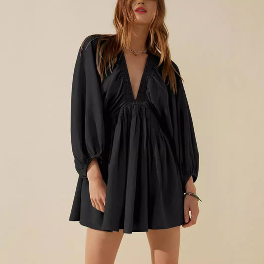 Dress women short – cotton linen – relaxed fit – v-neck – long sleeves