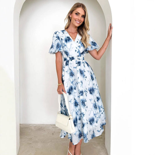 Dress for Women – Midi Length – V-Neckline – Puff Sleeves – Fitted Waist – Elegant Flare