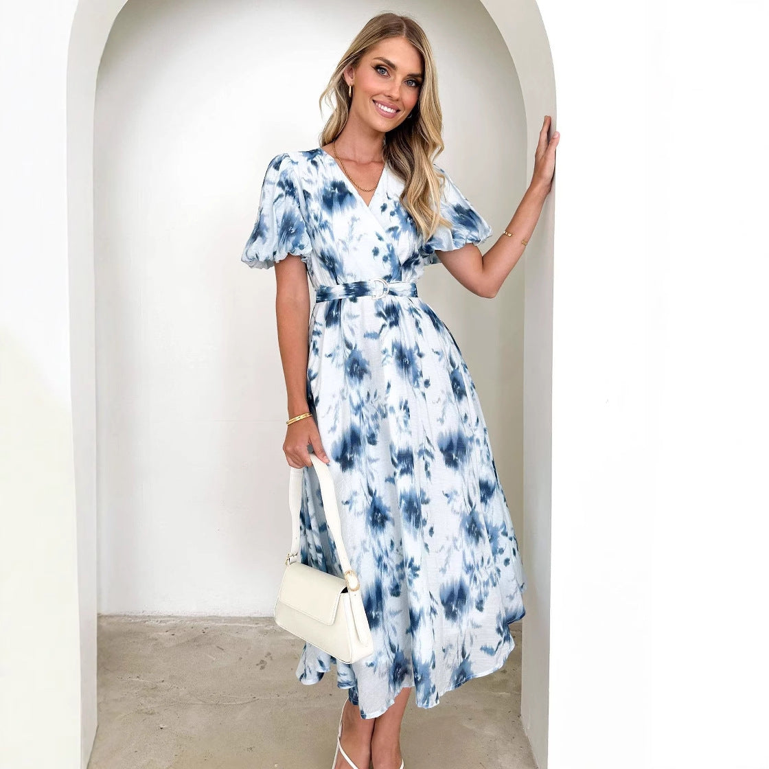 Dress for Women – Midi Length – V-Neckline – Puff Sleeves – Waistband – Light and Breathable