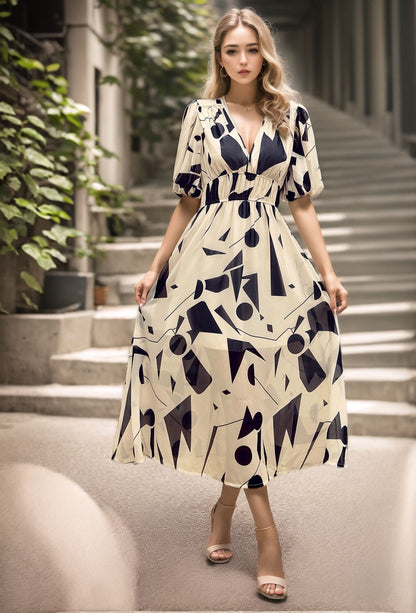Dress women midi – fitted waist – V-neck – puff sleeves – breathable fabric – print