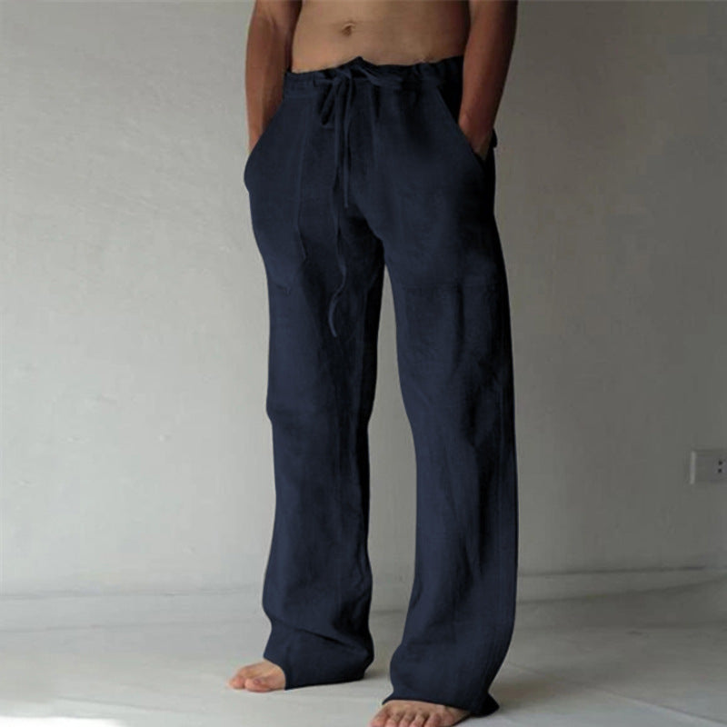 Men's Loose-Fit Pants - Cotton/Linen - Elastic Waist with Drawstring - Casual Comfort