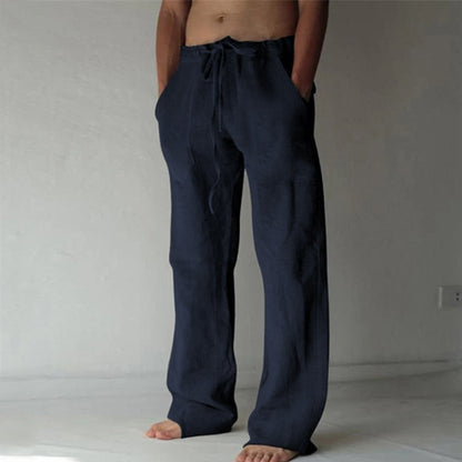 Men's Loose-Fit Pants - Cotton/Linen - Elastic Waist with Drawstring - Casual Comfort