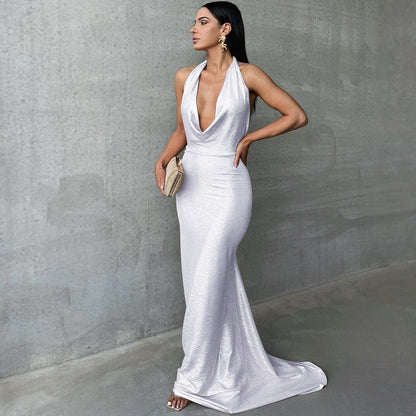 Dress for Women – Maxi Dress – Slim Fit – Halterneck – Deep Neckline – Open Back