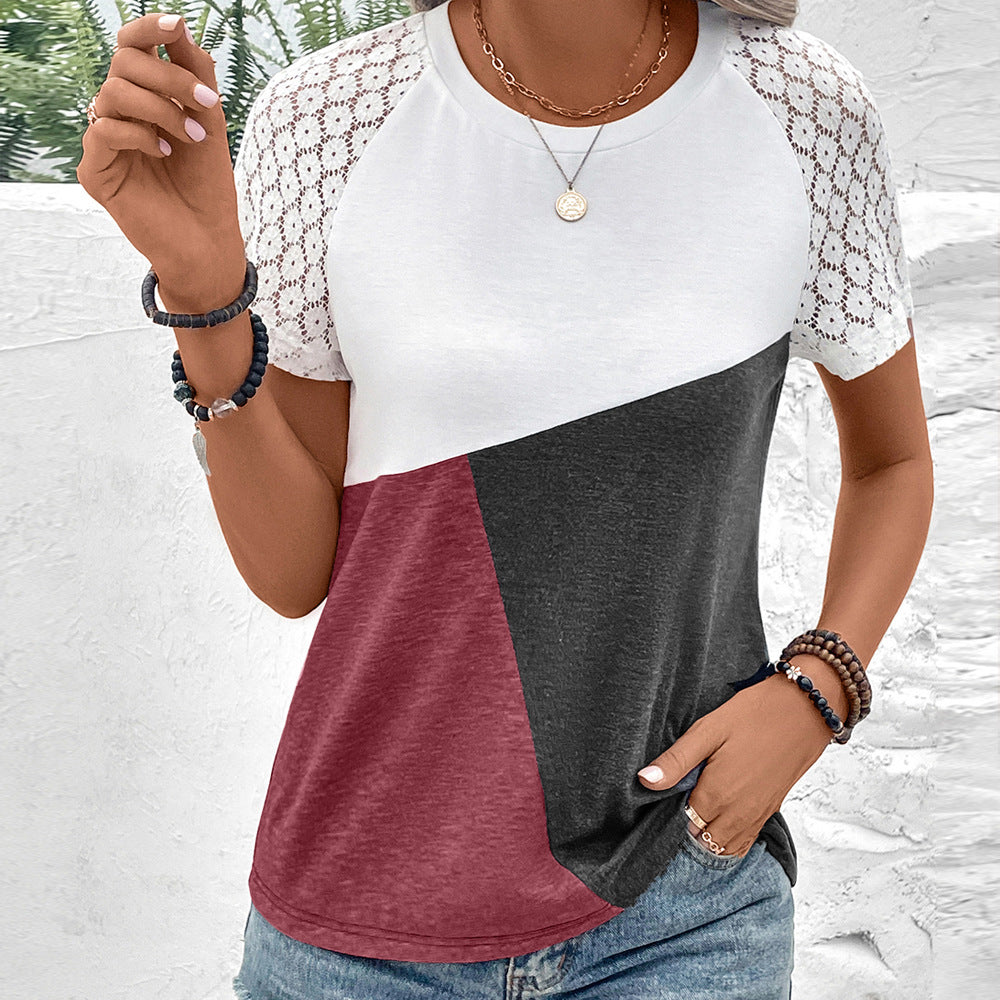 Women's T-shirt – Relaxed fit – Lace sleeves – Cotton blend – Round neck