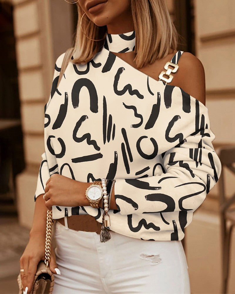 Women's Long-Sleeve Top – Relaxed Fit – Chain Strap – Asymmetric Neckline – Checkered Pattern