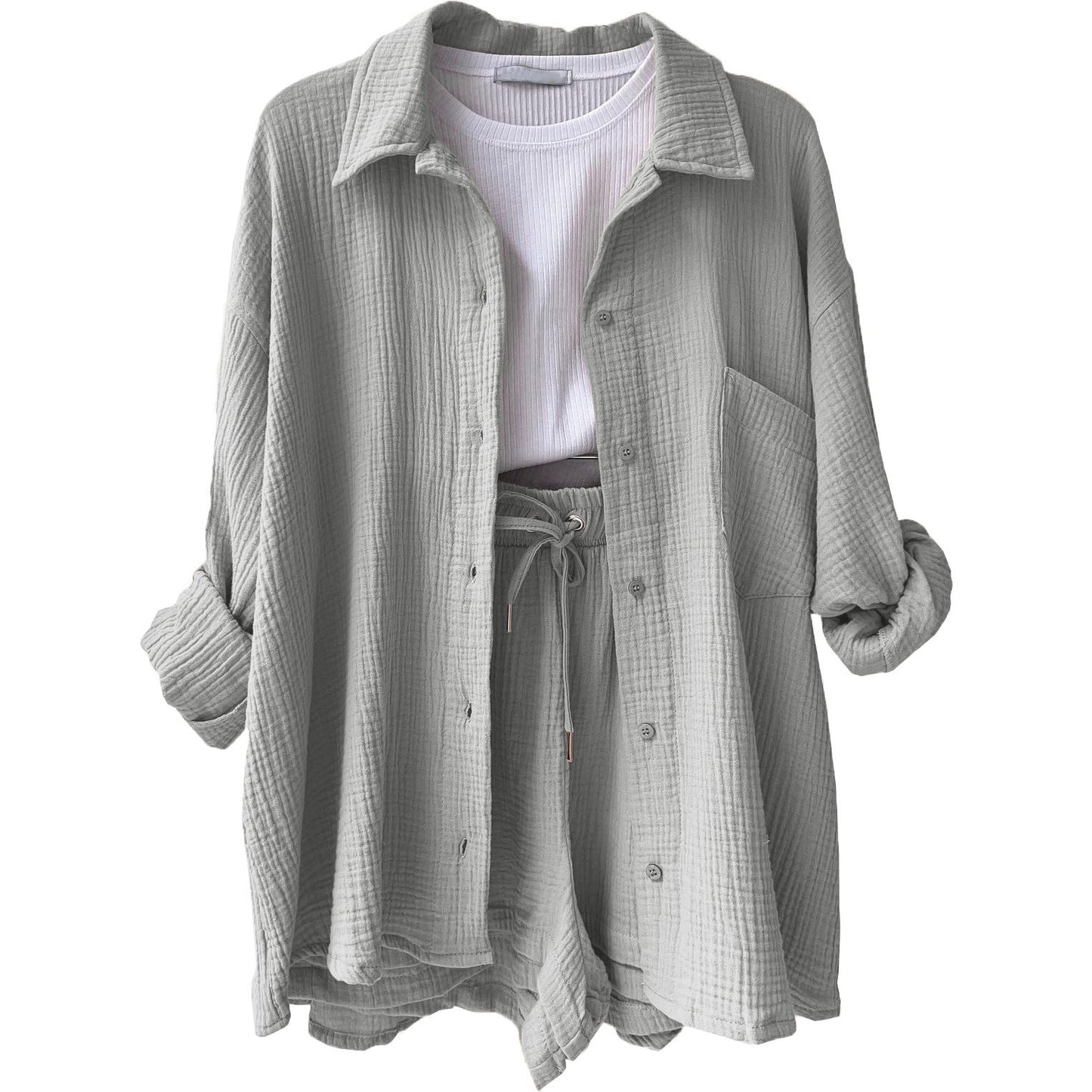 Women's Two-Piece Set – Relaxed Collared Shirt – High-Waisted Drawstring Shorts