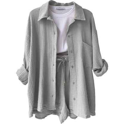 Women's Two-Piece Set – Relaxed Collared Shirt – High-Waisted Drawstring Shorts