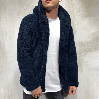 Men's Jacket with Hood – Plush Fleece – Relaxed Fit – Button Front