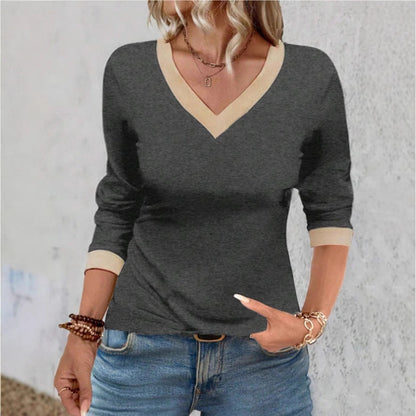 Women's T-shirt – V-neck – Relaxed fit – Soft knit – 3/4 sleeves – Minimalist design