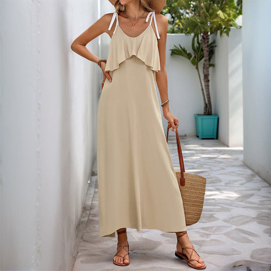 Dress woman – Sleeveless – Loose fit – Adjustable tie straps – Ruffle details – Ankle length