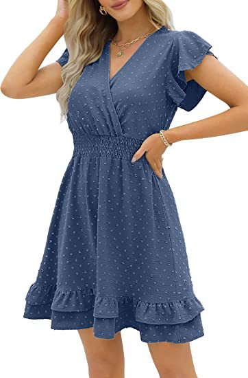 Women's Dress - Flared Sleeve, Wrap, V-Neck - Elastic Waist - Polka Dot - Ruffle Hem