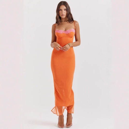Women's Maxi Dress – Slim Fit – Strapless with Spaghetti Straps – Lace Trim – Transparent Hem
