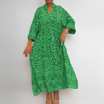 Dress for Women – Midi Length – Relaxed Fit – Abstract Pattern – 3/4 Sleeves – Stand Collar – Front Buttons