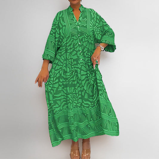 Dress for Women – Midi Length – Relaxed Fit – Abstract Pattern – 3/4 Sleeves – Stand Collar – Front Buttons