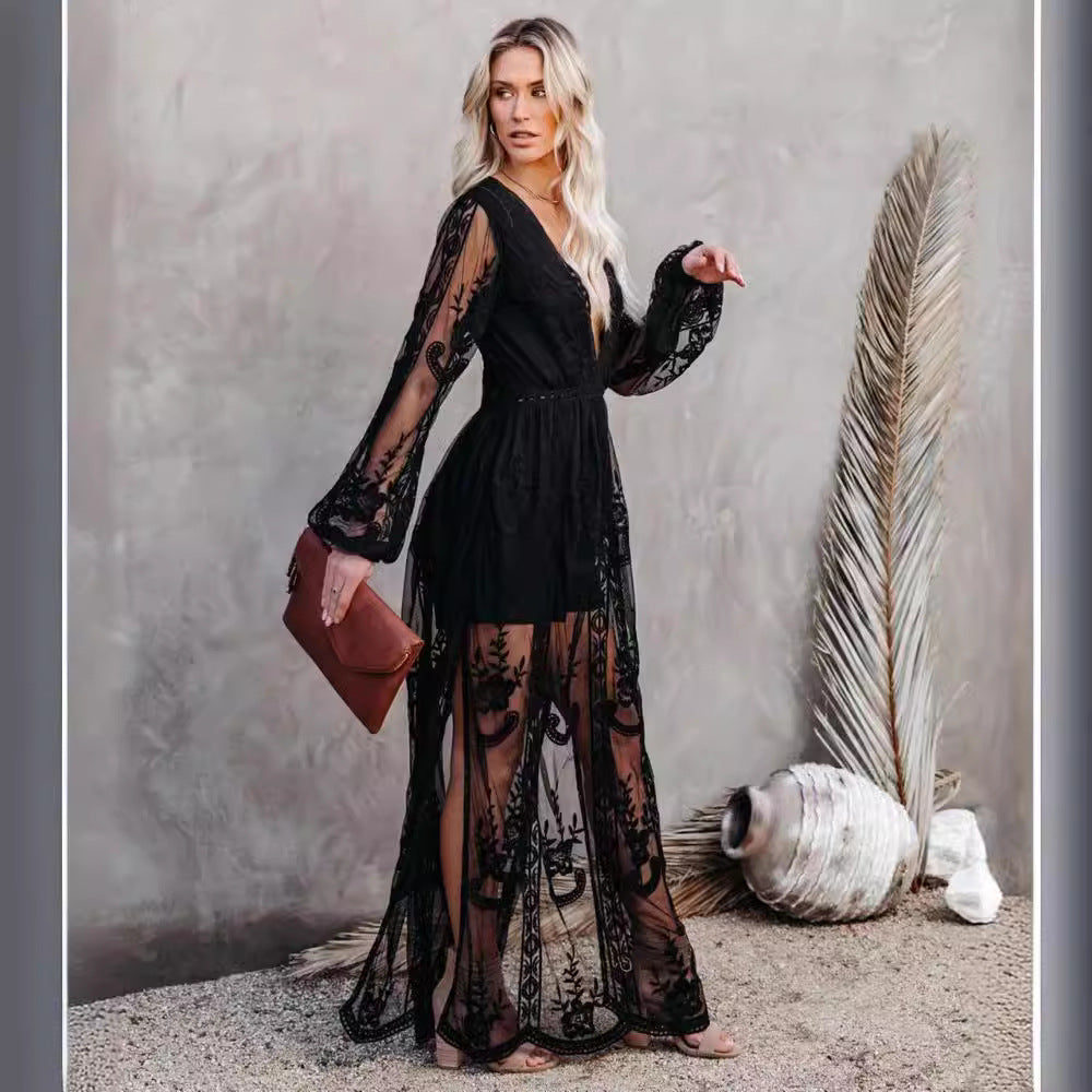 Dress for Women – Long Elegant Fit – V-Neckline – Lace and Chiffon – Slit