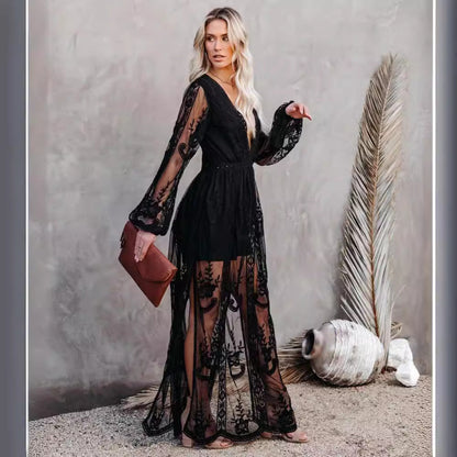 Dress for Women – Long Elegant Fit – V-Neckline – Lace and Chiffon – Slit